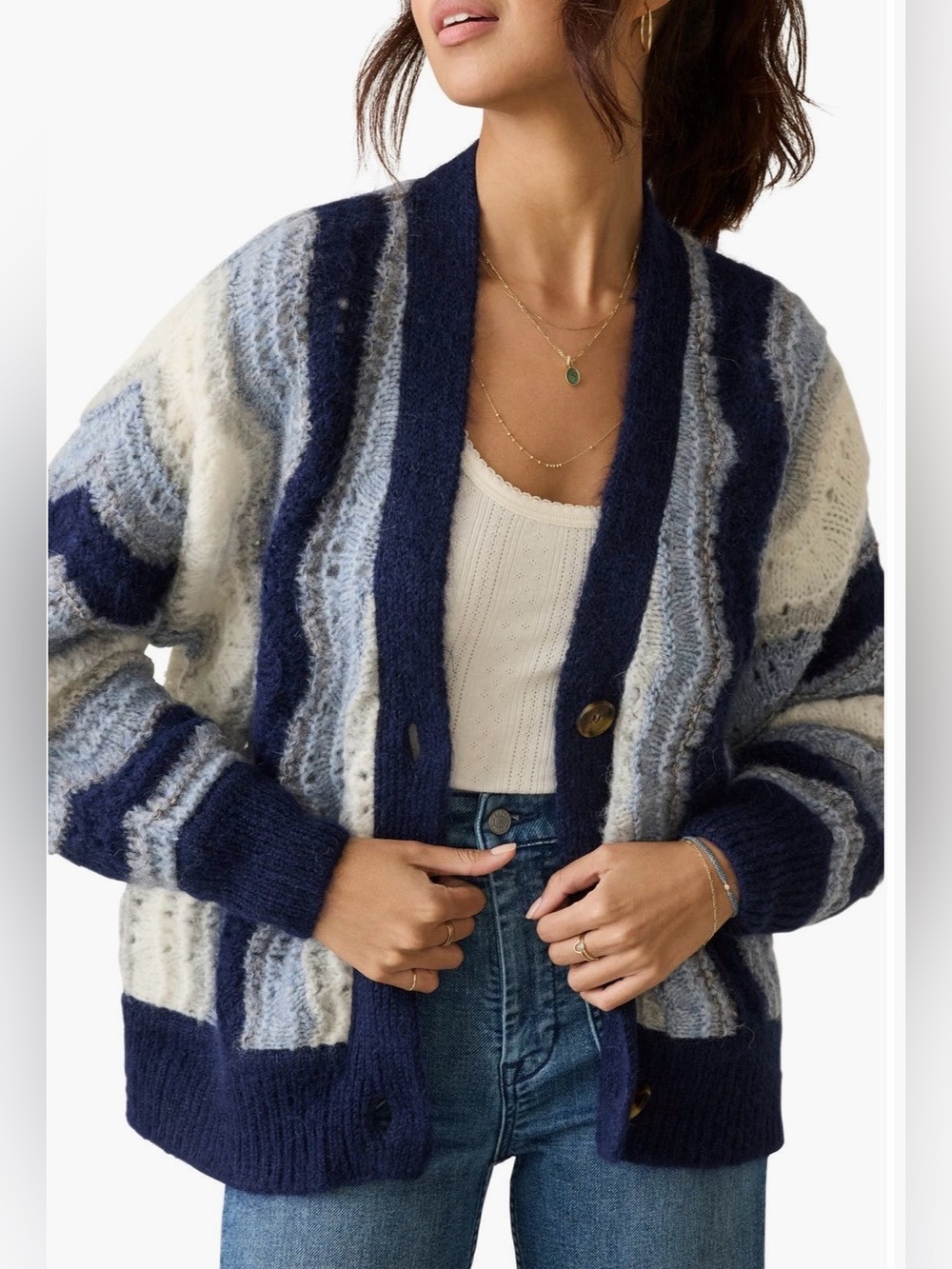 FAHERTY Free Ride Stripe Baby Alpaca Blend‎ Open Knit Cardigan Sweater L Blue